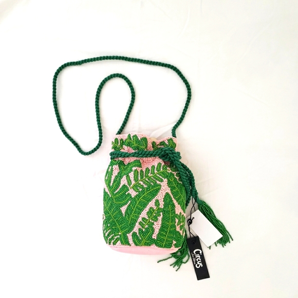 Circus Sam Edelman beaded resort palm leaf drawstring canvas purse O/S - Picture 2 of 9